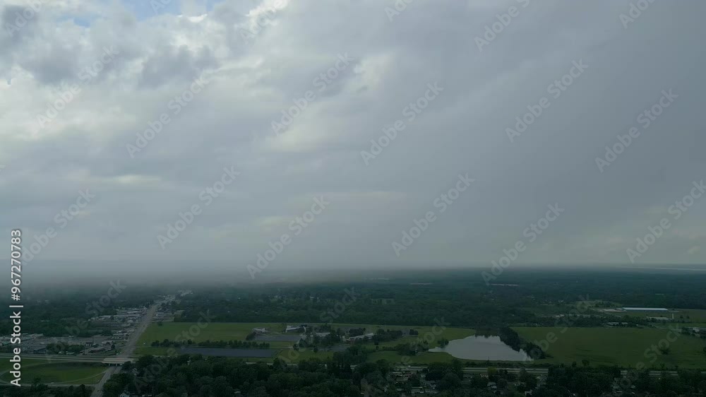 Aerial view of dark clouds sweeping across the horizon, creating a moody and overcast atmosphere. The expansive landscape below fades into the mist as weather intensifies. Aerial view of dark clouds sweeping across the horizon, creating a moody and overcast atmosphere. The expansive landscape below fades into the mist as weather intensifies.