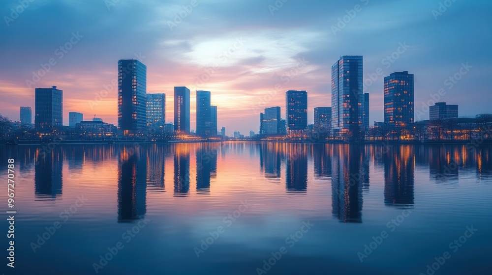 Dazzling Dusk Modern City Skyline Reflection in Calm Waters Dazzling Dusk Modern City Skyline Reflection in Calm Waters
