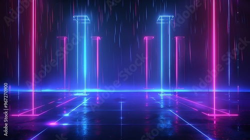 Futuristic neon landscape with glowing pillars and reflections  creating an immersive digital atmosphere reminiscent of retro aesthetics. Stage for product presentation.