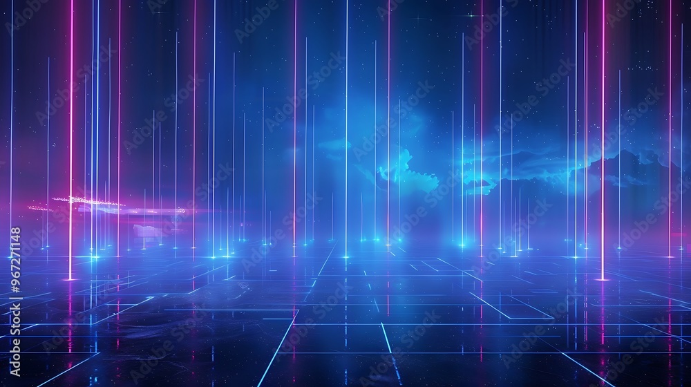Futuristic neon landscape with vibrant lines and glowing grid, creating a surreal digital atmosphere for various creative projects. Stage for product presentation. Futuristic neon landscape with vibrant lines and glowing grid, creating a surreal digital atmosphere for various creative projects. Stage for product presentation.