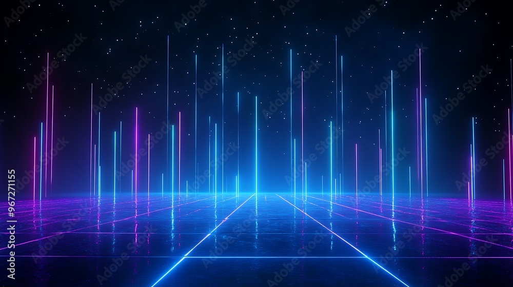 Futuristic neon landscape with vibrant lines and glowing grid, perfect for technology and digital art themes. Stage for product presentation. Futuristic neon landscape with vibrant lines and glowing grid, perfect for technology and digital art themes. Stage for product presentation.