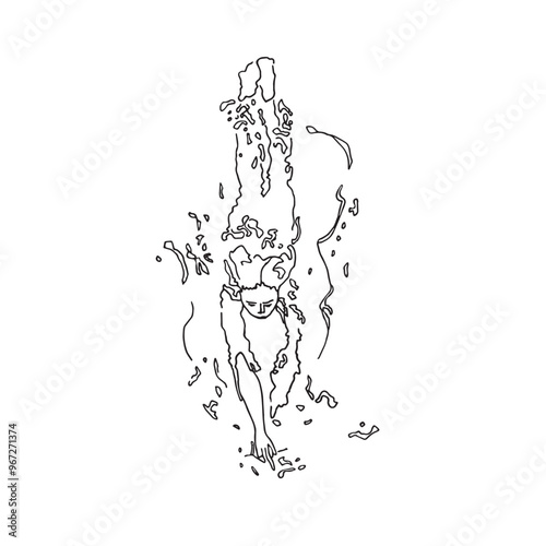 Silhouette d'une jeune femme vue de haut qui est dans l'eau et nage avec les vaguelettes autour d'elle. Esquisse, design à la main en noir et blanc minimaliste et épuré