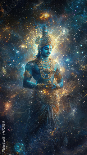 Lord Vishnu in cosmic form, surrounded by vibrant galaxy, radiates divine energy and tranquility. His blue skin and ornate attire symbolize protection and preservation in universe