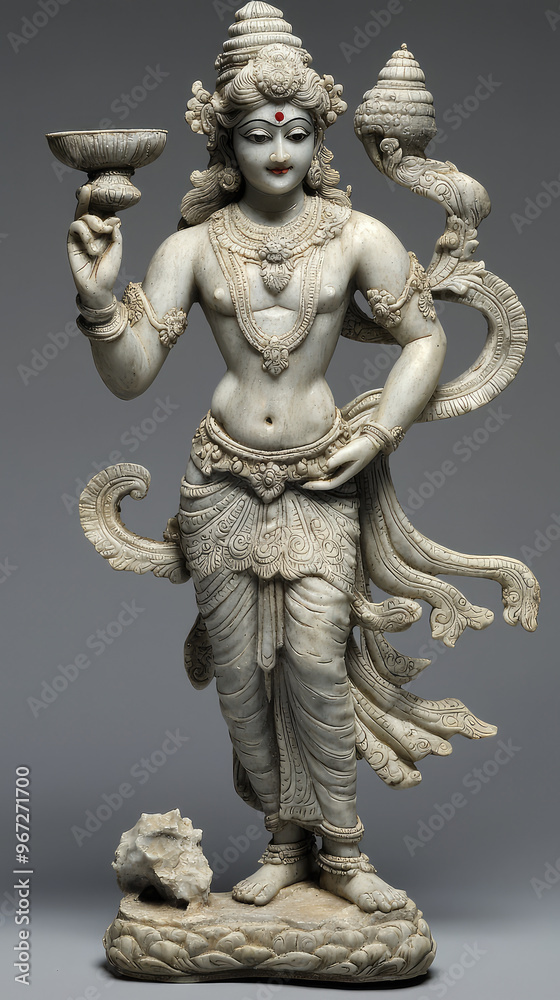 Lord Vishnu statue with intricate details, holding conch and discus, showcasing divine grace and artistry. This sculpture represents cultural heritage and spirituality Lord Vishnu statue with intricate details, holding conch and discus, showcasing divine grace and artistry. This sculpture represents cultural heritage and spirituality