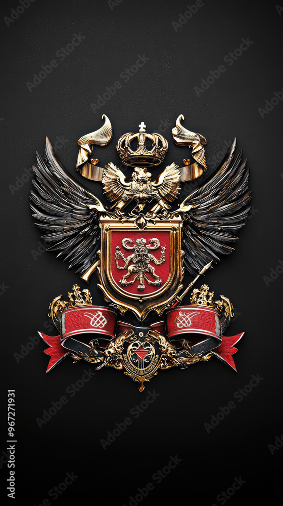Obraz premium image features detailed and ornate family crest, showcasing symbols of power and nobility. design includes lion, wings, and crowns, all set against dark background, evoking sense of grandeur and heri