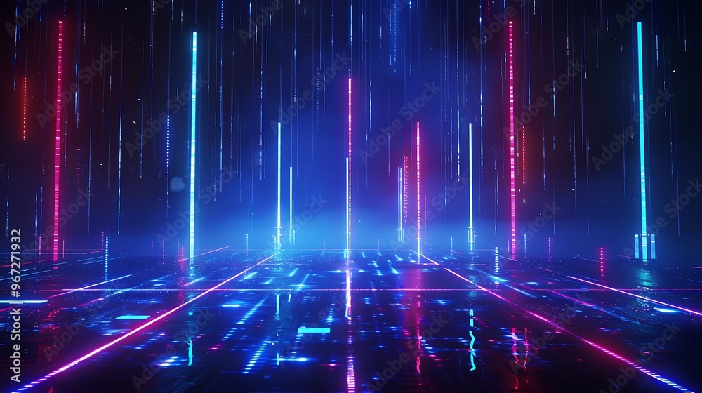 Futuristic neon lights create a vibrant atmosphere, evoking a sense of technology and innovation in a digital landscape. Stage for product presentation. Futuristic neon lights create a vibrant atmosphere, evoking a sense of technology and innovation in a digital landscape. Stage for product presentation.