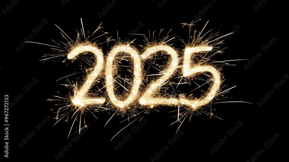 Golden New Year's fireworks create the sparkling numbers 2025 against a dark background, celebrating the arrival of a new year Golden New Year's fireworks create the sparkling numbers 2025 against a dark background, celebrating the arrival of a new year