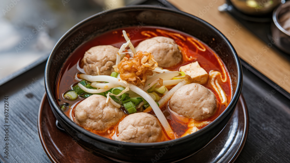 A photo of a bowl of bakso soup. The bowl contains a soup with a red broth. There are several pieces of bakso, which are Indonesian meatballs, in the soup. The bakso are round and have a light brown