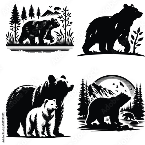 Stylized bears in the wilderness, black and white illustration, nature themed graphic, wildlife art