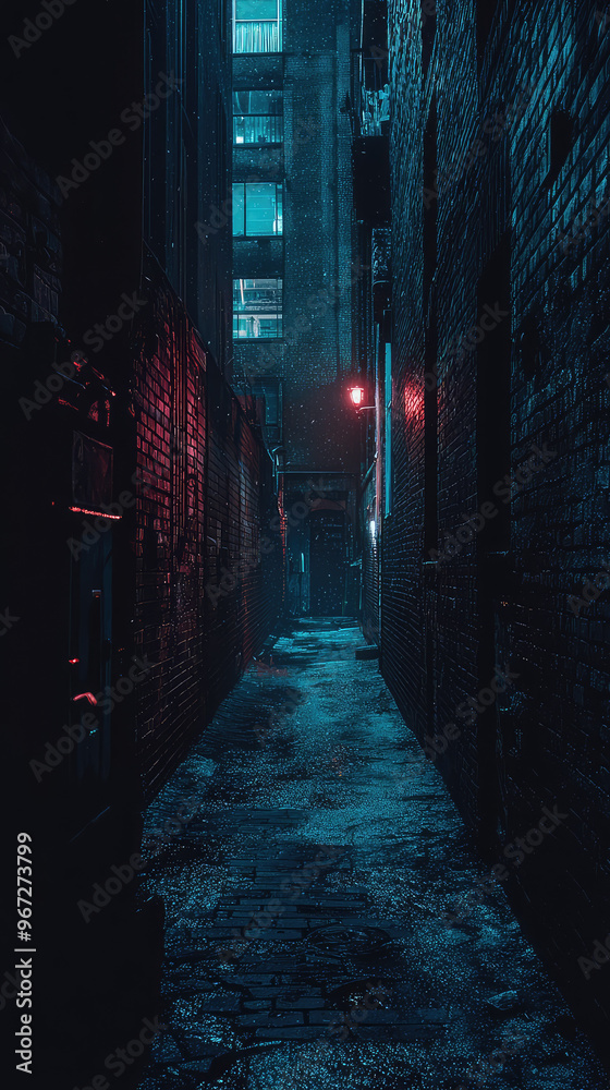 A shadowy alleyway illuminated by dim red lights creates mysterious atmosphere, perfect for an underworld meeting. wet cobblestones reflect eerie glow, enhancing scenes intrigue A shadowy alleyway illuminated by dim red lights creates mysterious atmosphere, perfect for an underworld meeting. wet cobblestones reflect eerie glow, enhancing scenes intrigue