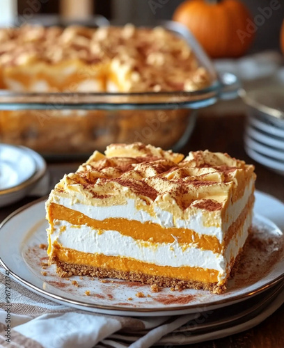 A piece of cake with cream, nuts and orange cream raisins.