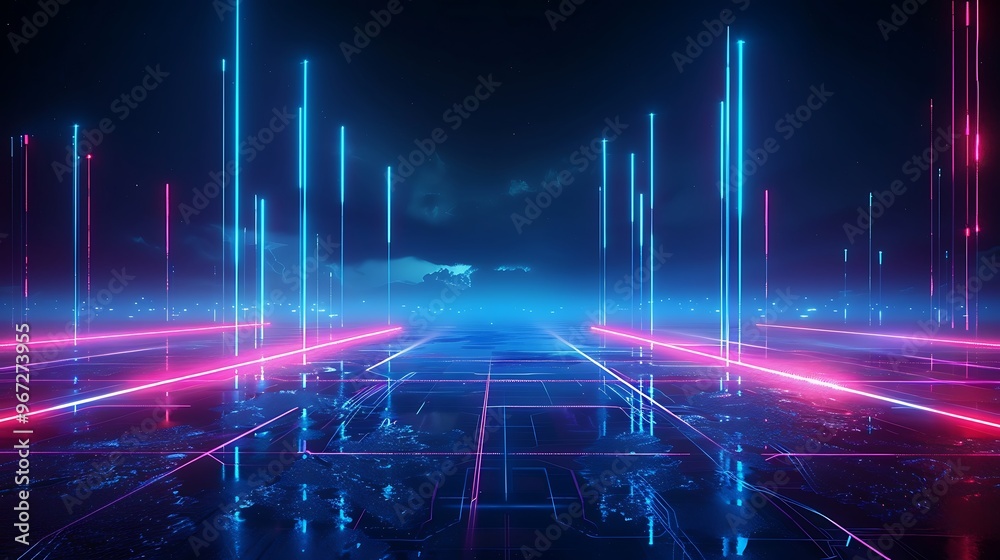Futuristic scene with glowing neon lights illuminating a digital environment, perfect for technology and cyberpunk themes. Stage for product presentation. Futuristic scene with glowing neon lights illuminating a digital environment, perfect for technology and cyberpunk themes. Stage for product presentation.