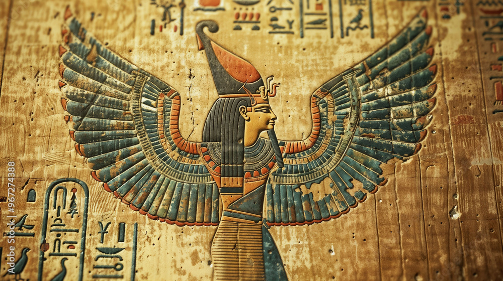 Fototapeta premium Egyptian winged goddess carving on papyrus. Intricate hieroglyphs surround colorful figure. Ancient art with vibrant blues and golds. Detailed feathers and ornate headdress. Historical artifact