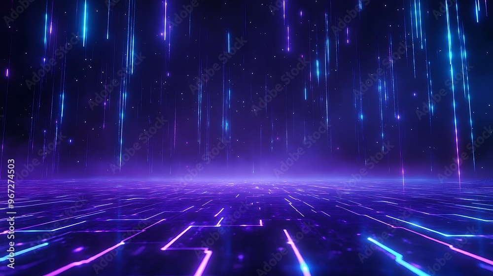 Stunning abstract background with neon light streaks and a vibrant purple atmosphere, ideal for futuristic themes and designs. Stage for product presentation. Stunning abstract background with neon light streaks and a vibrant purple atmosphere, ideal for futuristic themes and designs. Stage for product presentation.