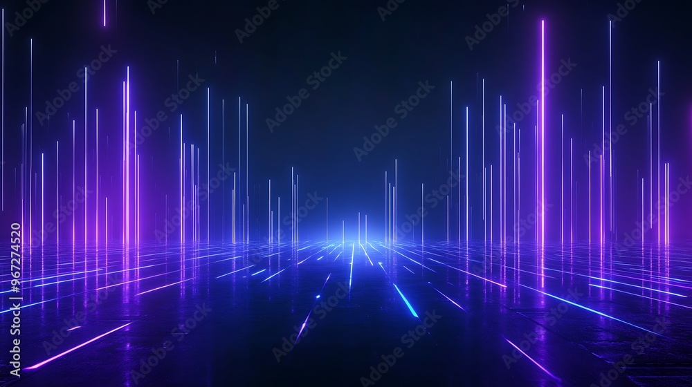 Stunning digital landscape with vibrant purple and blue light streaks, creating a mesmerizing futuristic atmosphere. Stage for product presentation. Stunning digital landscape with vibrant purple and blue light streaks, creating a mesmerizing futuristic atmosphere. Stage for product presentation.