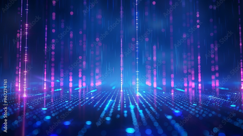 Vibrant abstract background with glowing lines and dots, creating a futuristic digital landscape in blue and purple tones. Stage for product presentation. Vibrant abstract background with glowing lines and dots, creating a futuristic digital landscape in blue and purple tones. Stage for product presentation.