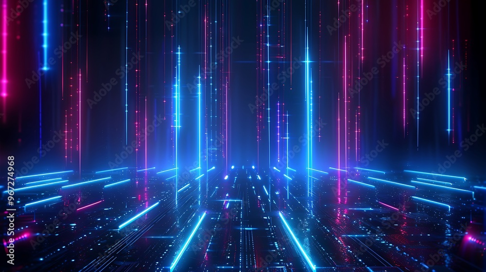 Vibrant abstract digital background with glowing neon lines and luminous particles, perfect for futuristic and technology themes. Stage for product presentation. Vibrant abstract digital background with glowing neon lines and luminous particles, perfect for futuristic and technology themes. Stage for product presentation.