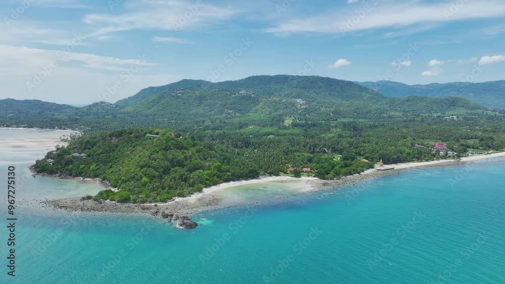 Tropical sand beach with palm trees Outdoor adventure travel to beautiful Samui beach. Cinematic wild nature aerial Untouched nature on sunny summer day Tropical sand beach with palm trees Outdoor adventure travel to beautiful Samui beach. Cinematic wild nature aerial Untouched nature on sunny summer day