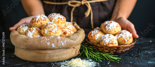 Pao de Queijo, or Brazilian cheese bread, is a popular Brazilian snack made with tapioca flour, eggs, milk, oil, and grated cheese (typically Parmesan or a similar cheese photo