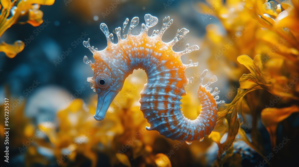 A small orange and white sea creature is swimming in a yellow and green sea. The image has a bright and cheerful mood, with the vibrant colors of the sea creature A small orange and white sea creature is swimming in a yellow and green sea. The image has a bright and cheerful mood, with the vibrant colors of the sea creature