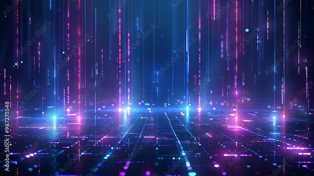 Vibrant digital background featuring illuminated lines and glowing pixels, perfect for futuristic designs and technology themes. Stage for product presentation. Vibrant digital background featuring illuminated lines and glowing pixels, perfect for futuristic designs and technology themes. Stage for product presentation.