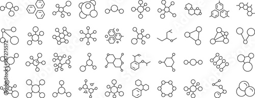 Line Icon Set of Chemistry. Contains Icons of Atom and Chemical Compounds that Can Be Used for Design of Cards, Posts, Apps, Web Sites