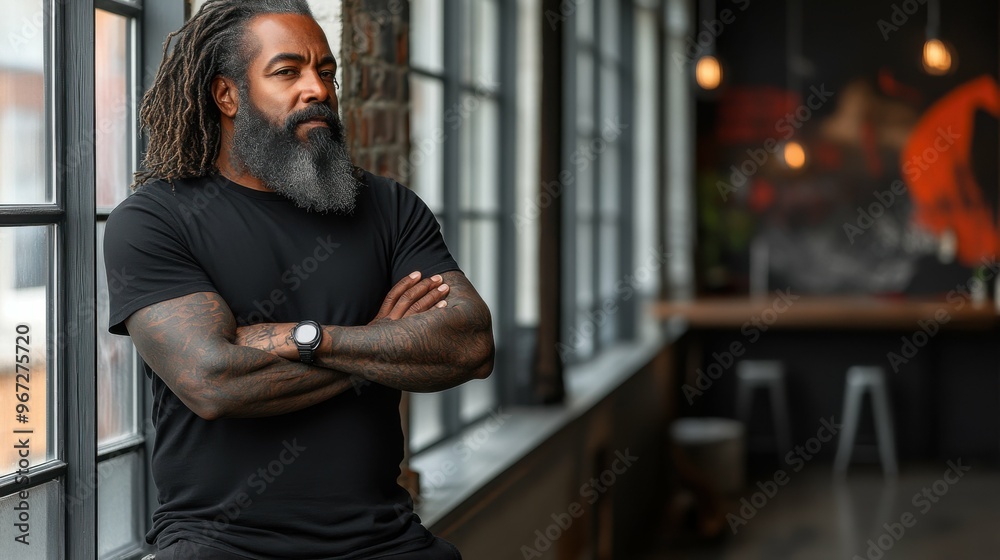 A man with a beard and dreadlocks is sitting in a room with a window. He is wearing a black shirt and has his arms crossed A man with a beard and dreadlocks is sitting in a room with a window. He is wearing a black shirt and has his arms crossed