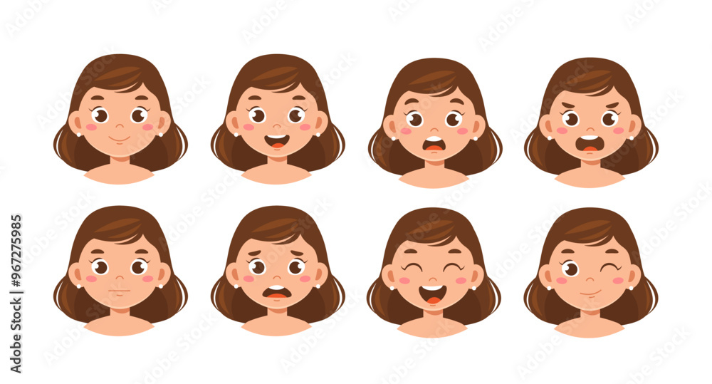 Summer woman constructor. Young girl in swimsuit. Kit for creating animations. Pack of face with various emotions. Holiday and vacation. Flat vector collection Summer woman constructor. Young girl in swimsuit. Kit for creating animations. Pack of face with various emotions. Holiday and vacation. Flat vector collection