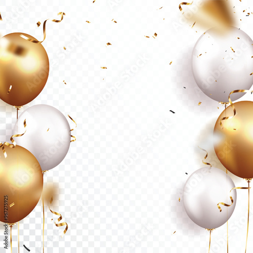 Celebration banner with gold confetti and balloons