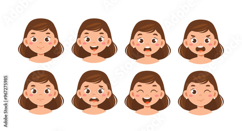 Summer woman constructor. Young girl in swimsuit. Kit for creating animations. Pack of face with various emotions. Holiday and vacation. Flat vector collection