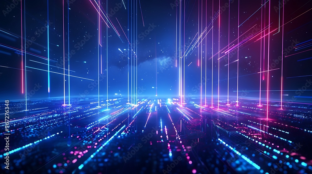 Vibrant digital landscape showcasing colorful light beams and futuristic technology elements in an abstract setting. Stage for product presentation. Vibrant digital landscape showcasing colorful light beams and futuristic technology elements in an abstract setting. Stage for product presentation.