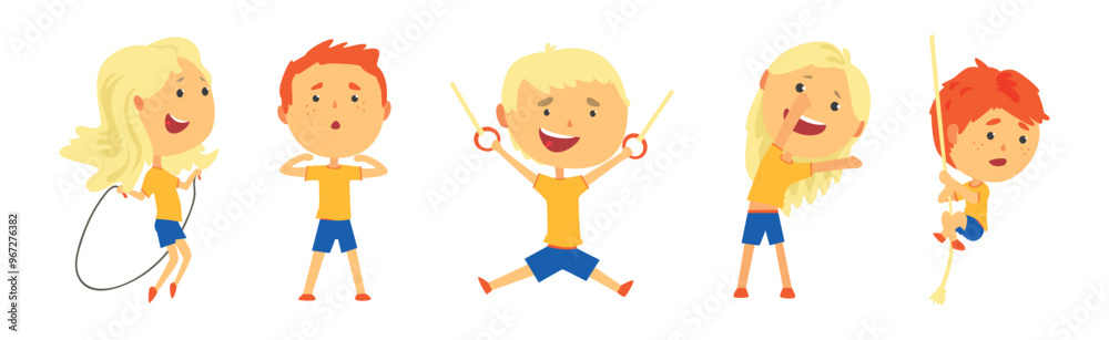 Little Boy and Girl Do Sport and Physical Activity Vector Set Little Boy and Girl Do Sport and Physical Activity Vector Set