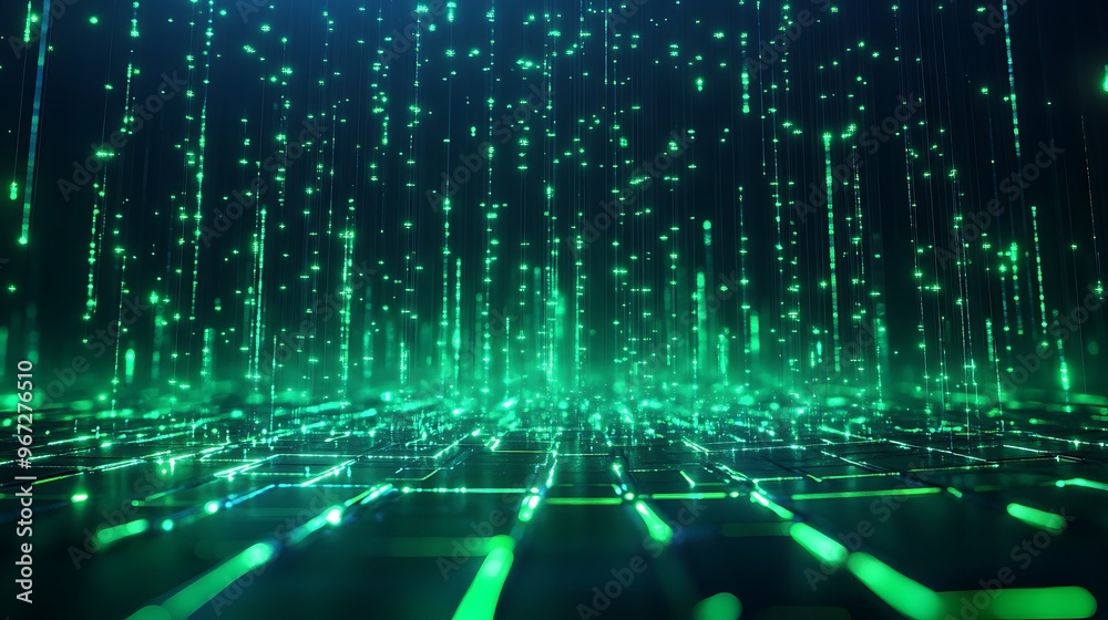 Vibrant digital landscape with glowing green lights and data streams, perfect for technology and cyber themes. Stage for product presentation. Vibrant digital landscape with glowing green lights and data streams, perfect for technology and cyber themes. Stage for product presentation.