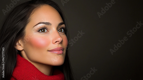 A woman with long black hair and a red sweater is smiling. She has a light brown eye shadow and a pink lip color