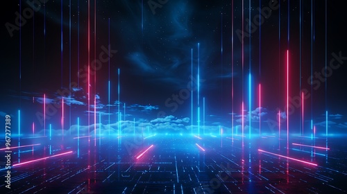 Vibrant futuristic landscape with glowing blue and red neon lines, creating a digital atmosphere of technology and innovation. Stage for product presentation.