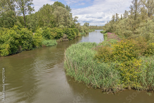 A network of small canals between green islands in the Biesbosch National Park