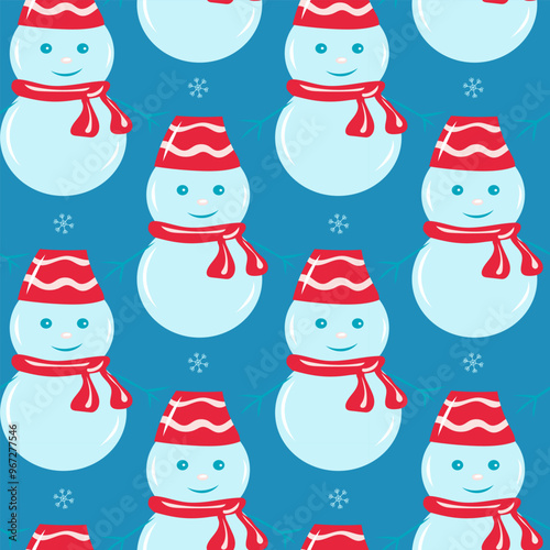 Christmas seamless pattern with elements cookies, gift bag, candy, candles, sweater, viburnum, snowman, cup of hot tea. Hand drawn, vector