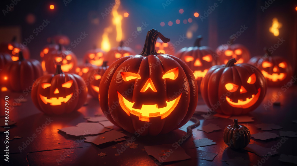 A group of jack-o-lanterns sitting on top of a wooden table A group of jack-o-lanterns sitting on top of a wooden table