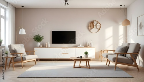 Photo modern style interior room 3d illustration Interior,Kitchen,Washrooms frame living room with colorful white sofa,led with blank frame