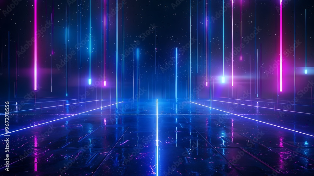 Vibrant neon lights create a futuristic atmosphere with reflections on a sleek surface, perfect for technology and abstract themes. Stage for product presentation. Vibrant neon lights create a futuristic atmosphere with reflections on a sleek surface, perfect for technology and abstract themes. Stage for product presentation.