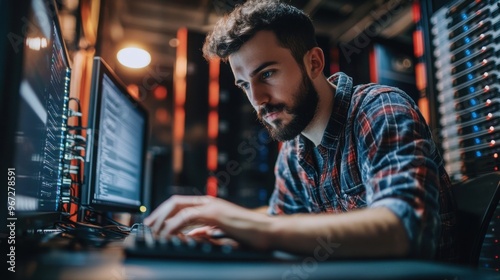 A focused man working on a computer in a data center, immersed in coding and technology, surrounded by server racks.