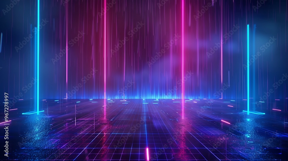 Vibrant neon lights create a stunning futuristic backdrop with reflections, perfect for creative projects or digital displays. Stage for product presentation. Vibrant neon lights create a stunning futuristic backdrop with reflections, perfect for creative projects or digital displays. Stage for product presentation.