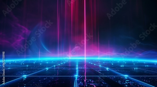 Vibrant neon lights create a stunning futuristic landscape with glowing lines and cosmic atmosphere, perfect for digital themes. Stage for product presentation.