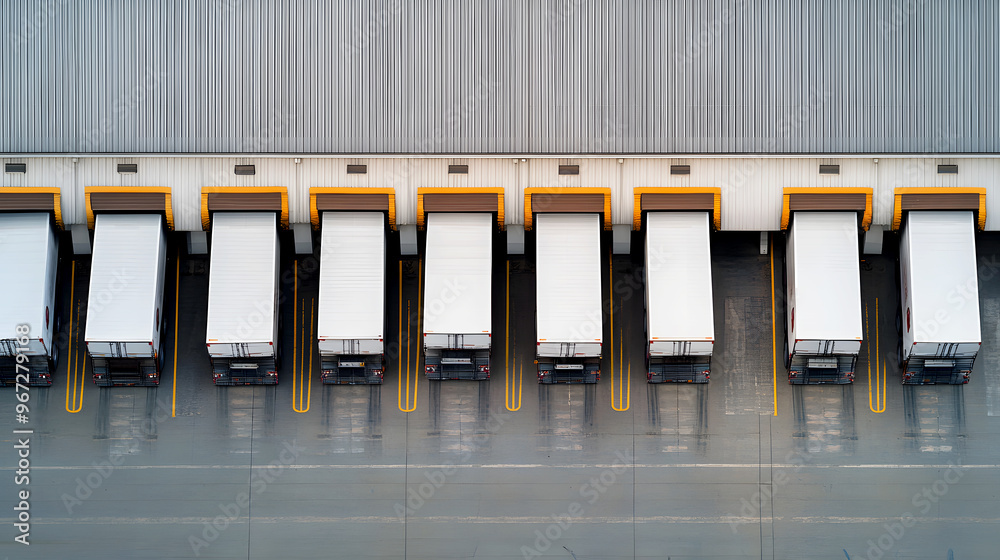 Overhead shot of multiple delivery trucks parked in a row, lined up at a warehouse, each truck’s rear door open for loading Overhead shot of multiple delivery trucks parked in a row, lined up at a warehouse, each truck’s rear door open for loading