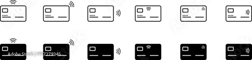 contactless payment, bank credit card chip. Line or full set of NFC chip symbols bank line