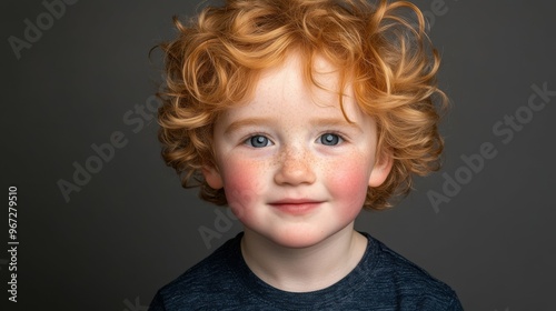 A young boy with red hair and blue eyes is smiling for the camera. The boy is wearing a blue shirt and has a light blue eye shadow