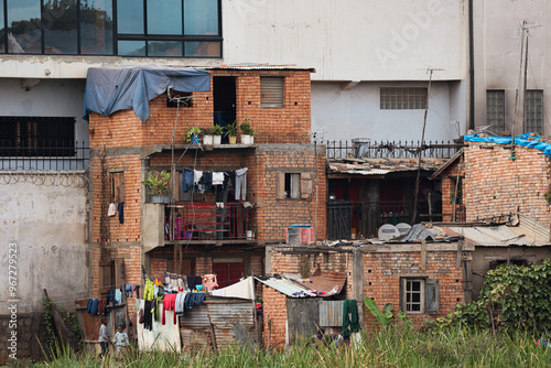 Residential buildings in a suburb of Antananarivo, Madagascar, showcasing local architecture and daily life