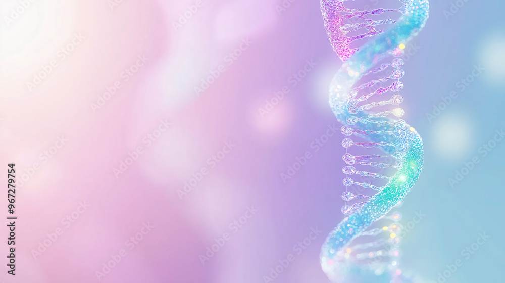 human dna spiral model on pink blue pastel futuristic background. dna double helix structure - human dna 3d model