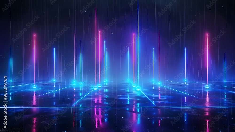 Vibrant neon lights illuminate a futuristic space, creating a stunning visual display with reflections on the surface. Stage for product presentation. Vibrant neon lights illuminate a futuristic space, creating a stunning visual display with reflections on the surface. Stage for product presentation.