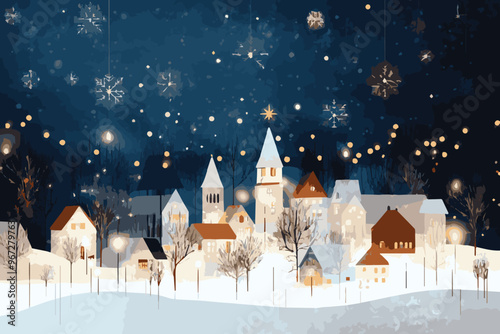 A charming winter village scene, illuminated by warm lights against a starry night sky, adorned with delicate snowflakes, creating a magical holiday atmosphere